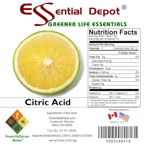 Essential Depot Citric Acid - 8 lbs - Anhydrous - Food Grade - Safety Sealed Wide Mouthed PP Container with Resealable Cap and Reattachable Handle