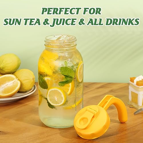 Soligt Glass Mason Jar Pitcher with Lid, Wide Mouth Flip Cap Pour Spout Leak-proof Lid with Handle, 64 oz (2 Quart /1.9 Liter), for Sun Tea/Iced Tea/Juice/Cold Brew Coffee/Milk (1 Pack, Vivid Yellow) - color: Vivid Yellow
