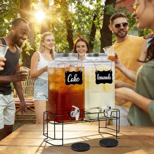 2 Pack 2 Gallon Glass Drink Dispenser Glass Beverage Dispenser with Stand Spigot Drink Coasters and Filter Leakproof Water Jar Clear Iced Drink Jug for Parties Juice Lemonade Picnics Fridge