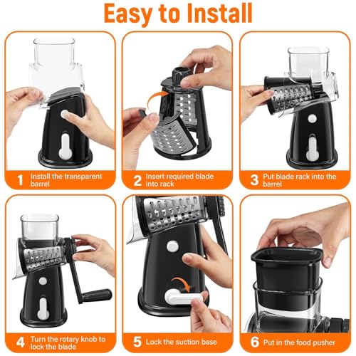 Rotary Cheese Grater Hand Crank, 5-in-1 Vegetable Shredder Chopper Spiralizer Slicer with 5 Interchangeable Blades for Vegetable, Cheese, Fruit, with Blades Storage Box & Stable Suction Base (Black) - color: Black