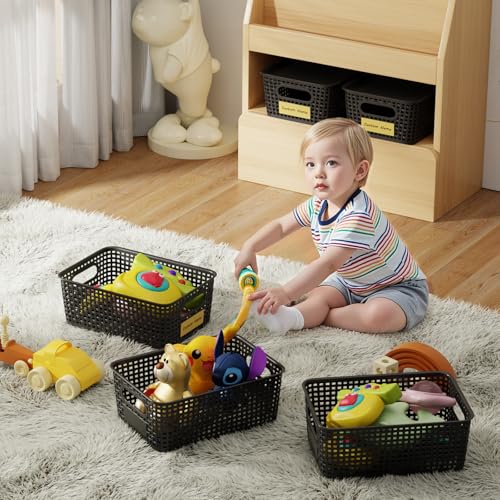 8 Pcs Plastic Storage Baskets with Plastic Lids and Labels 5.29qt Stackable Box Basket Pantry Decorative Containers, Small Storage Bins for Shelves Drawers Closets Bedrooms Office Cabinets 10*7.2*4.1" - style: Black-Plastic Lid