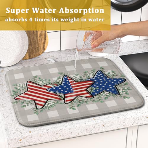 Patriotic Dish Drying Mat for Kitchen Counter Cute Stars 4th of July Holiday Absorbent Reversible Microfiber Kitchen Countertop Protector Dishes Pad Small 16x18 inch - size: 18" x 16"