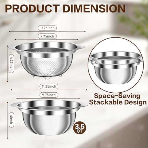 3.5QT Colander with Bowl, Rice Strainer, Stainless Steel Mixing Bowls with Strainer, Pasta Strainer, Colander for Kitchen for Rice Pasta Fruits Vegetables, Rice Cleaner Strainer, Dishwasher Safe - size: 3.5+3.5QT Bowl