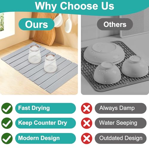 Large Stone Dish Drying Mat for Kitchen Sink Countertop Dish Drainer Diatomaceous Earth Mat Collapsible Dishes Rack Drying Tray Water Absorbent Quick Draining Pads Fast Foldable Bathroom Drying Mats - color: Light Gray
