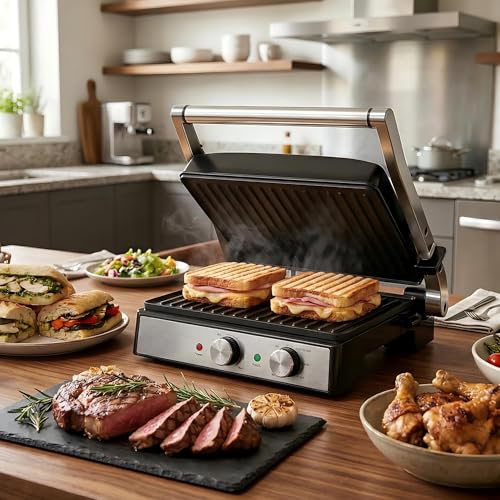 KEINVE 1700Watt Panini Press, Sandwich Maker with Temp & Time Setting, 4 Slice Large Non-Stick Versatile Grill Press, Opens 180 Degrees to Fit Steak, Fish, Vegetable and More - size: 4 Slice(Temp & Time Control)