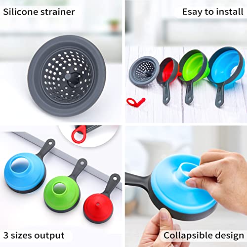 Funnel with Strainer for Kitchen Use, Dokpod Silicone Funnels for Filling Bottles and Wide Mouth Canning, Collapsible Kitchen Funnel with Filter