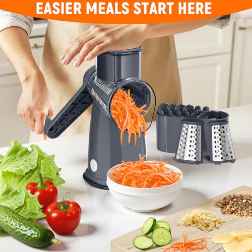 Rotary Cheese Grater Hand Crank with 5 Interchangeable Blades, Vegetable Slicer Chopper for Fruit Vegetable Nuts, Mandoline Slicer for Kitchen with Blades Rack & Suction Base, Grey - color: Gray