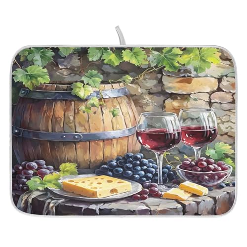Red Wine Bottles Grapes Cheese Rustic Dish Drying Mats for Kitchen Counter Absorbent Microfiber Dish Drying Matt 16 x 18 Inch Draining Reusable Rack Pad - size: 16x18in