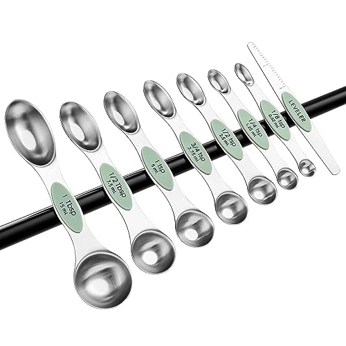 Spring Chef Stainless Steel Magnetic Measuring Spoons Set of 8 with Leveler, Dual Sided Teaspoon & Tablespoon Set, Nesting Metal Kitchen Gadgets for Baking & Cooking, Fits in Spice Jars - Pistachio - color: Pistachio, size: 1-Pack