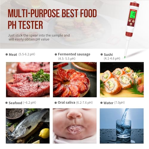 Digital pH Meter for Food Fermentation with pH Calibration Solution | Spear Tip Food pH Tester Fermentation, Hot Sauce Canning, Cheese Cooking Sourdough Bread, Water Resistant, Solid and Water - color: Red
