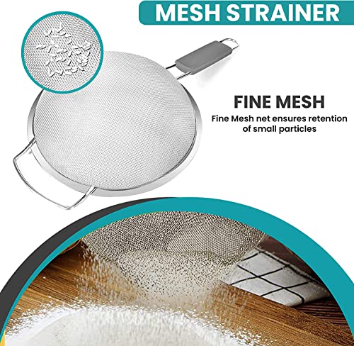 9" Large Extra Fine Mesh Strainer with Thermo Plastic Rubber Handle - Sieve Fine Mesh Stainless Steel - Ideal to Strain Pasta, Quinoa and Rice - size: 9 inch