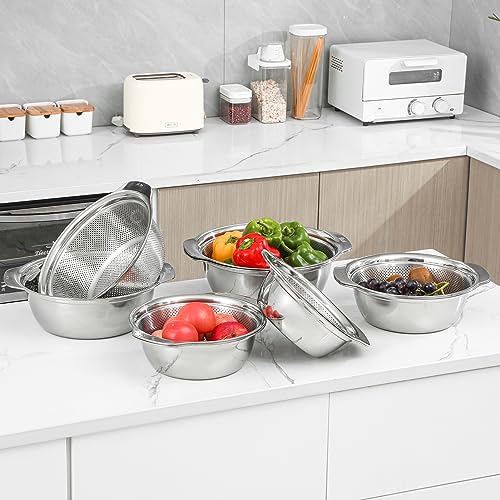 Paoli 304 Stainless Steel Fine Mesh Colander Set, 2.5QT Large Capacity Strainer with Mixing Bowl — Rinse Fruits, Veggies, Rice & Drain Pasta, Dishwasher Safe (2-Piece) - color: Primary color with handle, size: 2.5qt