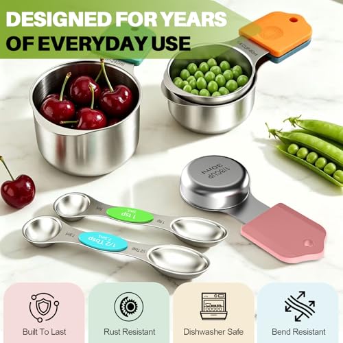 Magnetic Measuring Cups & Spoons Set, Strong N52 Magnets, Heavy Duty 304 Stainless Steel, Dual-Sided Design Fits Spice Jars, Easy-to-Read Markings, 16-Piece Set with Leveler for Baking & Cooking