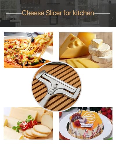 Stainless Steel Wire Cheese Slicer, Adjustable Thickness Handheld Cheese Cutter with 4 Extra Wires for Mozzarella, Cheddar, Gruyere, Raclette