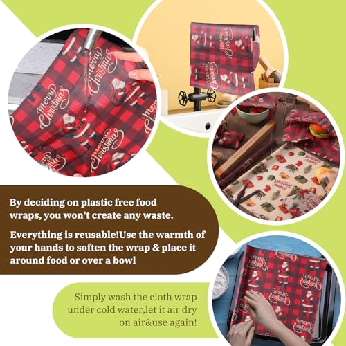 Moukeren 3 Rolls Christmas Beeswax Wraps 13 x 40 Inches Santa Bell Papers Bees Wax Wrap Tissue Reusable Waterproof Oil-proof Picnic Liners Beeswax Paper Roll for Xmas Party Kitchen Supplies - style: Santa