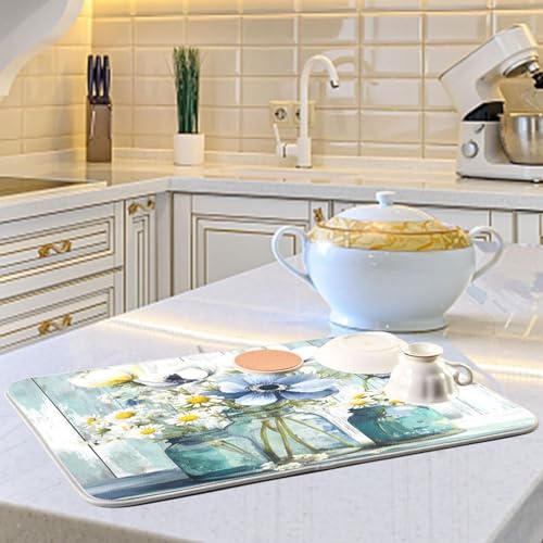 Rustic Daisy Flower Mason Jars Dish Drying Mat 16 x 18 Inch Kitchen Counter Mat Absorbent Dishes Rack Pad for Countertops Sinks Draining Mats - size: 18" x 16"