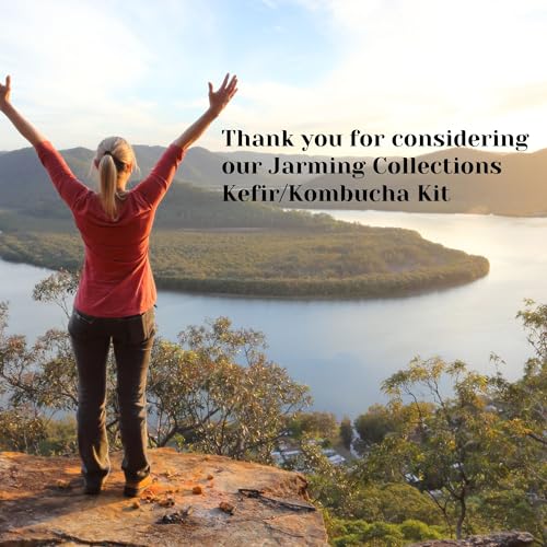 Jarming Collections Complete Kefir Starter Kit/Kombucha Fermentor Kit-1 Mason Jar Wide Mouth-Plastic Storage Lid - HIC(4 Inch) Nylon Mesh Strainer-Cotton Cloth Cover and Wood Spoon (Half Gallon)