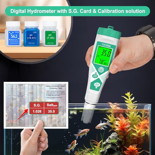 YINMIK Pool pH Salt Tester, Digital Salinity Meter for Saltwater Pool, Simultaneous Display Salt pH TDS for Koi Pond, Reef Tank, Aquarium, Hydroponic PPM pH EC Reader, Hydrometer with S.G. Card - color: Blue