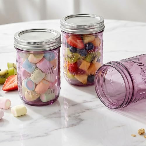 WELLIFE 6-Pack Mason Jars 16 oz with Lids – Purple Wide Mouth Glass Mason Jars, Airtight Leak-Proof Canning Jars for Food Storage, Fermenting, Pickling, Freezing, and Crafts - color: Pink Mason Jars 16oz-6Pcs