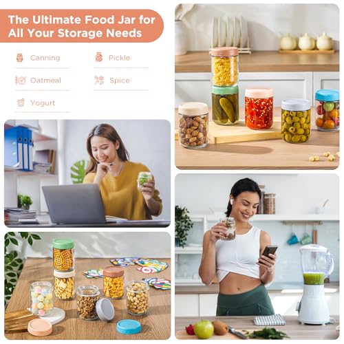 DRKIO 16 Oz Overnight Oats Containers with Lids - 6 Pack Glass Storage Jars with Airtight Lids Wide Mouth Mason Food Jars Great for Meal Prep Salad Chia Pudding Snacks Yogurt Sugar Spice Cereal - color: 16 Oz - 6 Colors