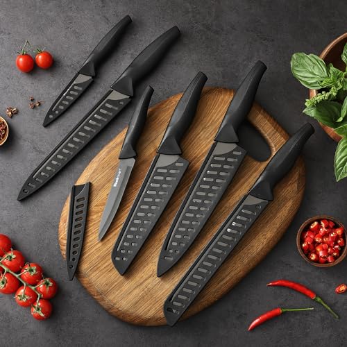 Wanbasion Black Stainless Steel Knife Set, Sharp Kitchen Knife Set Professional, Kitchen Knife Set Dishwasher Safe with Covers for Cooking - color: Black