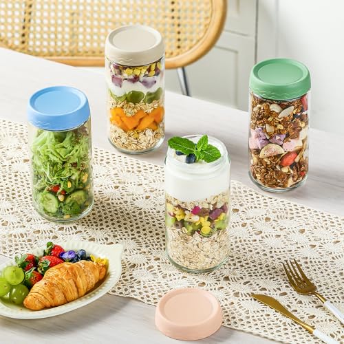 DRKIO 24 Oz Overnight Oats Containers with Lids - 4 Pack Glass Storage Jars with Airtight Lids Wide Mouth Mason Food Jars Great for Meal Prep Salad Chia Pudding Snacks Yogurt Sugar Spice Cereal - color: 24 Oz - 4 Colors