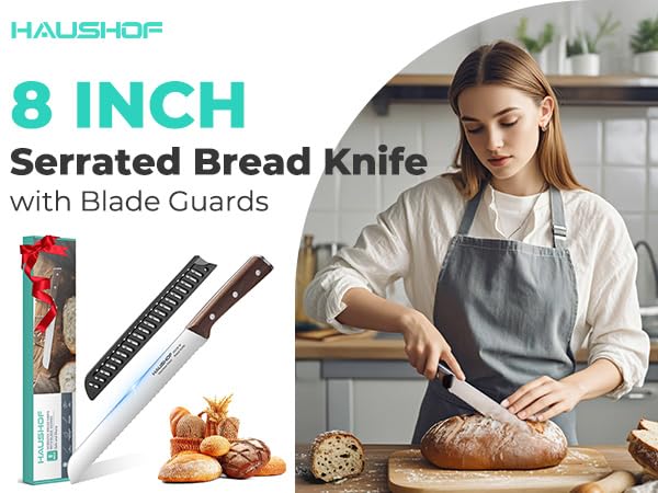 HAUSHOF Bread Knife with Sheath, 8-Inch Serrated Bread Knife for Homemade Bread, 5Cr15Mov Premium Stainless Steel Bread Cutter with Gift Box for Mom Dad, Full Tang and Ergonomic Handle - size: 8"