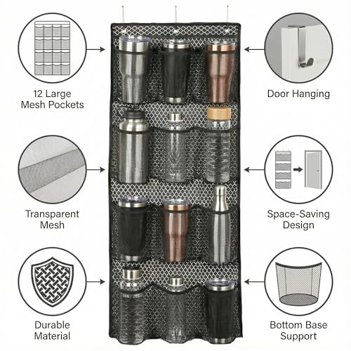 Water Bottle Organizer over the Door Cup Holder with 12 Large Pockets and Reinforced Bottom Tumbler Organizer Clear Mesh Cup Storage for Kitchen Pantry Cabinet Door Wall 41"×17"