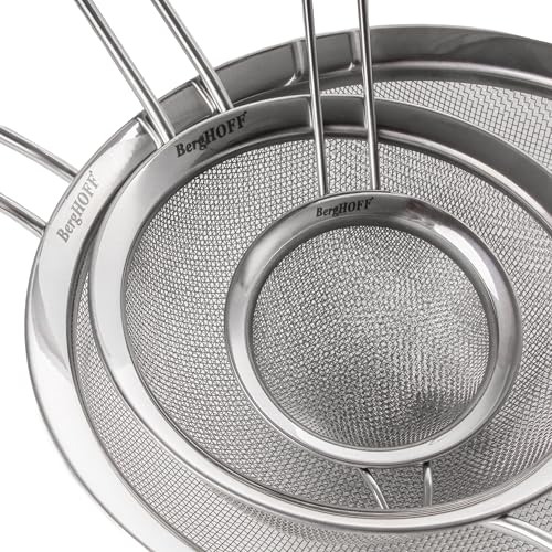 BergHOFF 3Pc Essentials 18/8 Stainless Steel Fine Mesh Strainers, Long, Ergonomically Designed Handle, Dishwasher Safe