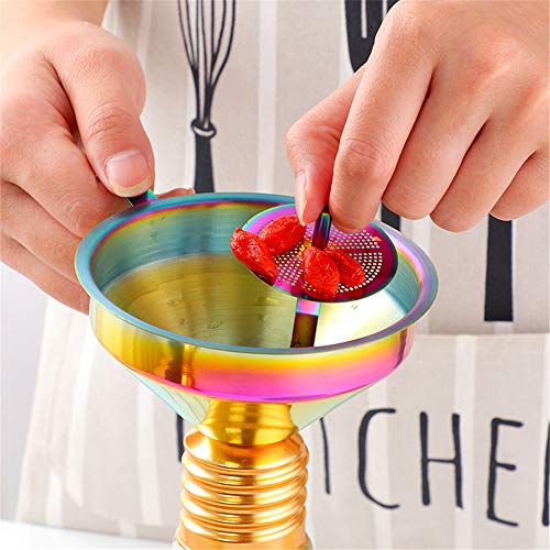 Stainless Steel Wide Mouth Funnels with Detachable Strainer, 5-inch Funnel for Filling Small Bottles and Jars, Cooking Oil and Transmission Liquid, Food Grade Metal Kitchen Funnels Rainbow - color: Rainbow