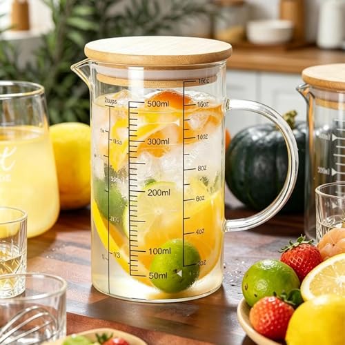 500ML Glass Measuring Cup with Bamboo Lid, High Borosilicate Glass Liquid Measuring Cups with Handle, Easy-Read OZ/Cup/ML Scales & V-Spout for Kitchen, Baking, Coffee, Restaurant