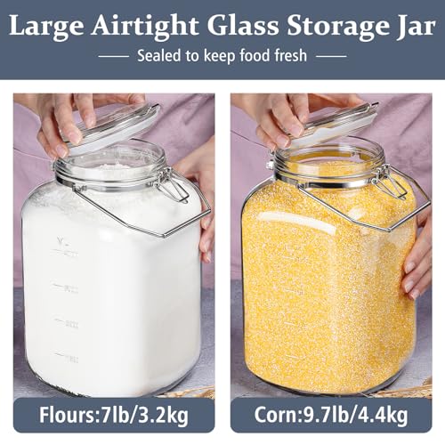 Folinstall 2 Pack 1.5 Gallon Glass Jar with Airtight Lid, 192 oz Square Wide Mouth Mason Jars with Stainless Steel Handle, Large Glass Storage Containers for Canning, Flour, Sugar, Rice, Pickled Eggs