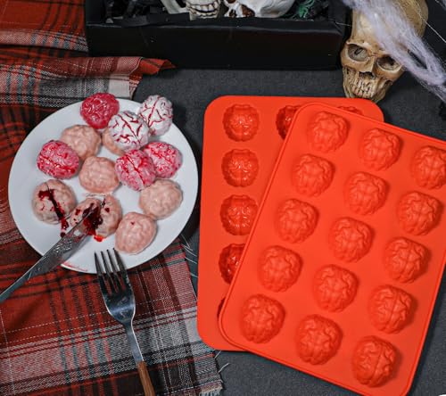 Webake Brain Chocolate Mold, Bite Size Halloween Brain Silicone Molds 15-Cavity for Halloween Chocolate, Candy, Jello, Cupcake, Treats, Pack of 2 - style: Brain
