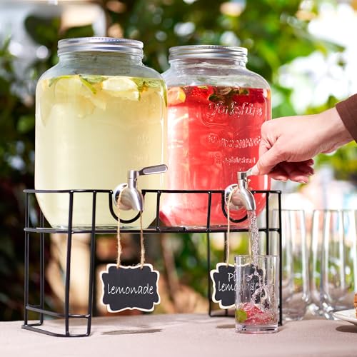FineDine Glass Drink Dispenser with Stand & Stainless Steel Spigot – 1 Gallon drink dispensers for parties, glass beverage dispenser Set, punch bowl for Lemonade, Juice, 2 Pack - color: Clear