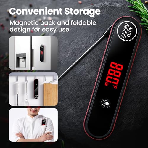 Meat Thermometer Digital, 0.3s Instant Read Food Thermometer with Auto-Rotating LED Display & Calibration Function, Magnetic Back for Cooking, Grilling, BBQ, Smoker (Red) - color: Red