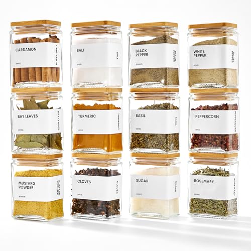 Glass Spice Jars with Bamboo Lid, 4oz Square Spice Containers for Pantry Organization, Seasoning Bottles with Labels, Spoons, Funnel for Salt Sugar - color: White