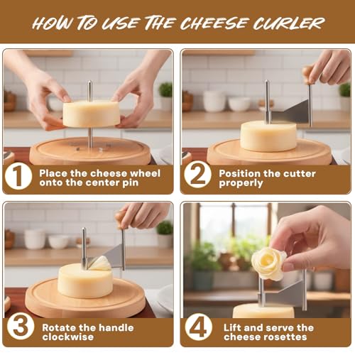 Cheese Curler Wheel with Stainless Steel Blade & Wood Base – Creates Cheese Curls from a Cheese Wheel, Also Suitable for Chocolate and Butter, for Home Kitchens, Dinner Parties