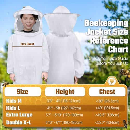 Flexzion Kids Beekeeping Suit Jacket with Veil Hood - Lightweight Sting-Resistant Bee Suit for Kids Adults, Youth Pullover Bee Smock, Elastic Waist & Cuffs, White, Kid Large - size: Kids Large