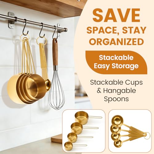 Gold 304 Stainless Steel Measuring Cup and Spoon Set, Stackable, 8-Piece, Long Handle for Narrow Bottles, Premium Gold Kitchen Utensils for Cooking and Mothers Day Gift - color: 8 set