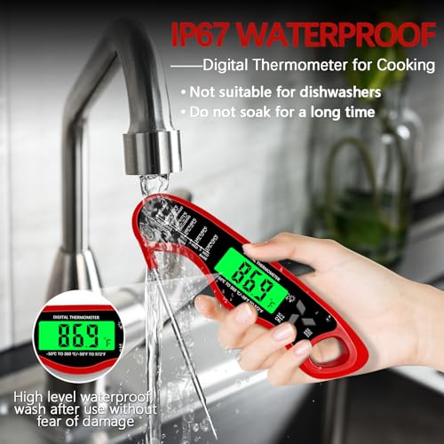 Meat Thermometer Digital,IP67 Waterproof Cooking Thermometer with Backlight, Calibration & Hold Function,Food Thermometer for Cooking,Outdoor Grilling - color: Red