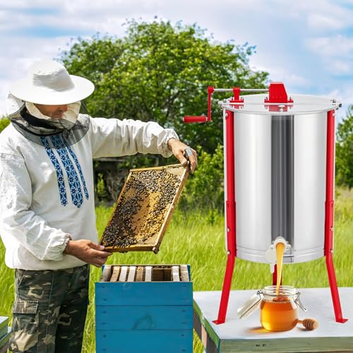 Manual Honey Extractor, Large 2/4 Frames Honeycomb Drum Spinner, Food-Grade Stainless Steel Beekeeping Extraction with Transparent Lid & Adjustable Legs, for Beekeepers, Apiaries, and Beehives