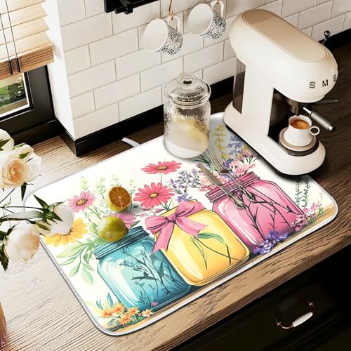 Mason Jar Flower Dish Drying Mat Dishes Pad Absorbent Fast Dry Dish Drainer Mat Protector for Kitchen Counter 18x14 Inches - size: 18" x 24"