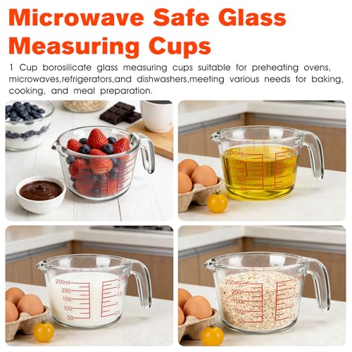 1 Cup Glass Measuring Cups, Clear Borosilicate Glass Liquid Measuring Cup | Kitchen & Baking Microwave Safe One Glass Measuring Cups, 8 OZ/250ML Small Glass Measuring Cup