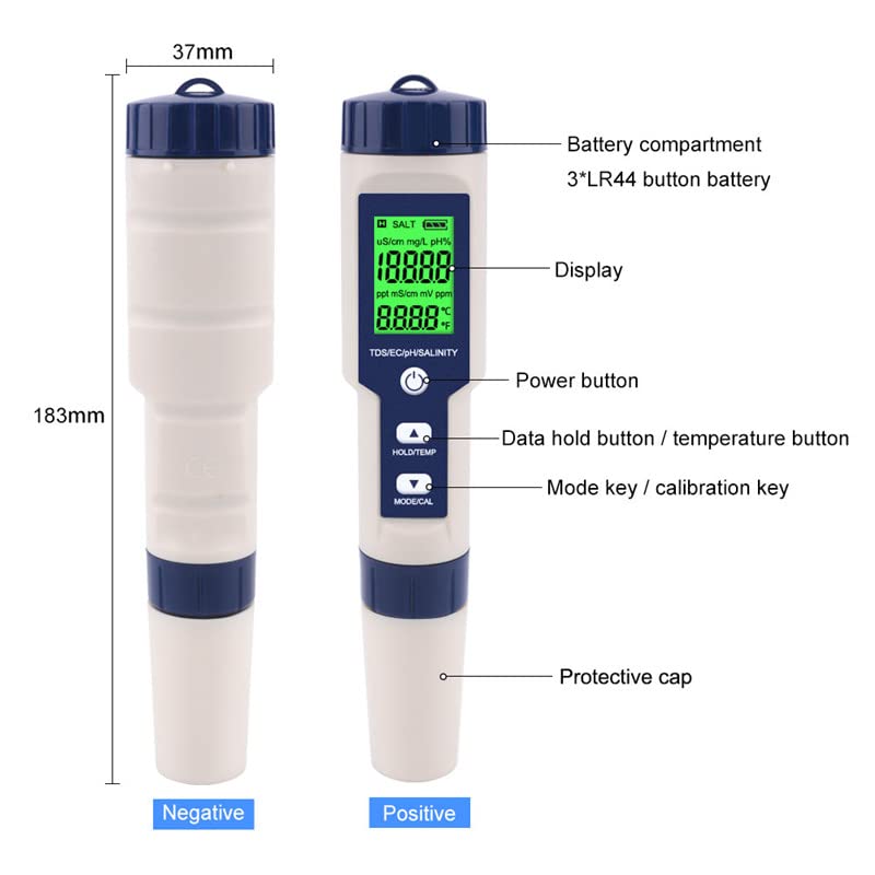5 in 1 PH Meter Gomass 0.01 High Accuracy ph Tester Digital for Water TDS/EC/Salt/Temp/PH Pen, PPM Meter Water Tester Drinking Water, Hydroponics, Plants, Aquarium and Pool - color: blue