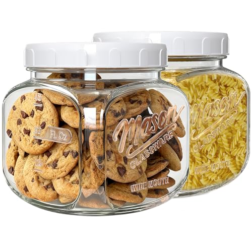 2 Pack Glass Cookie Jar with Airtight Lid, Half Gallon Mason Jar Wide Mouth for Food Storage, Flour, Sugar, Pasta, Sourdough - Square Glass Storage Containers with Marks, 64 Oz Canning Jars