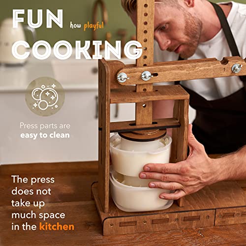 Dutch Wooden Cheese Press - Cheese Making Kit (Wooden Cheese Press with Lever and 2 Cheese Molds 1.2L)-Cheese Press for Home Cheese Making pressure up to 200 lbs