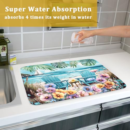 Spring Summer Sea Chair Dish Drying Mat for Kitchen Counter,Coastal Beach Palm Leaf Flowers Drying Mat 18 x 24 Inch with Absorbent Reversible Microfiber Drying Pad for Coffee Bar - size: 18" x 24"