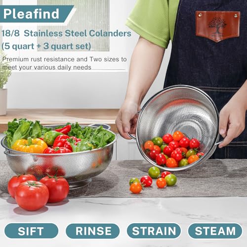 Pleafind Colander for Kitchen - 5 QT & 3 QT Stainless Steel Strainer with Handle, Kitchen Strainer Colanders Bowl for Pasta, Noodles, Spaghetti, Vegetables and Fruits, Rust-Resistant & Dishwasher Safe