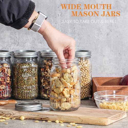 12 Pack 32 oz Wide Mouth Mason Jars - Heavy Duty Glass Storage Jars with Airtight & Leak Proof Lids for Pickling, Canning, Food Storage, Flour, Sugar, Pasta, Oats & DIY Projects (12pack 32oz)