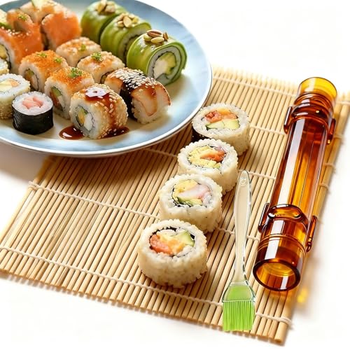 Sushi Making Kit – Clear Sushi Bazooka Roller & Bamboo Sushi Rolling Mat, Easy DIY Sushi Maker Tool Set for Beginners, Homemade Sushi Rolls for Kitchen & Party (Clear Amber) - color: Clear Amber